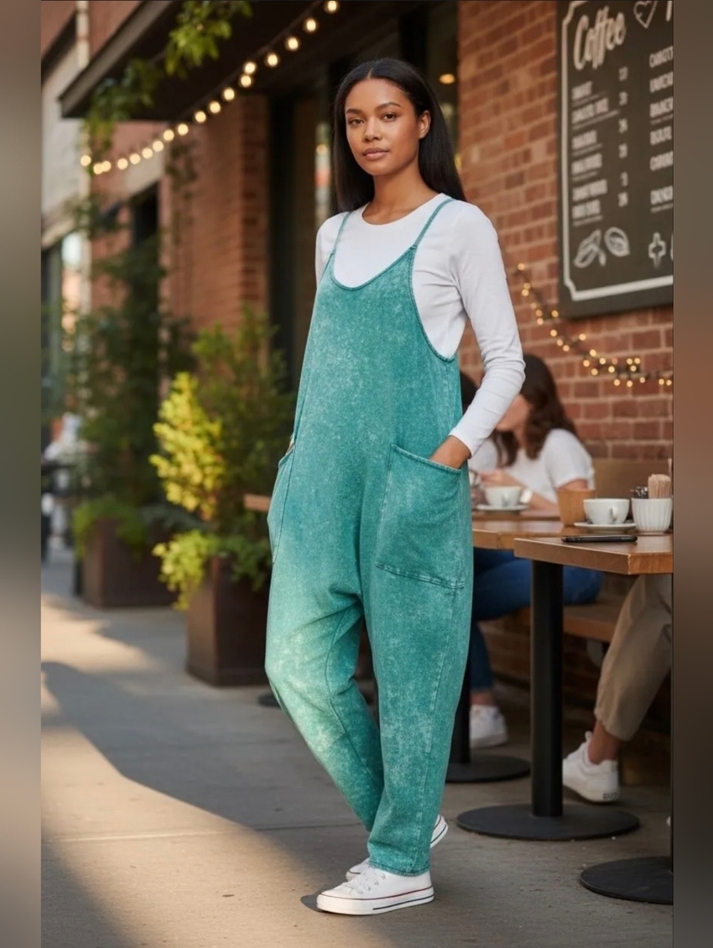Zenana Kickback Onesie Teal Mineral Wash Harem Jumpsuit W/Pockets NWT S/M